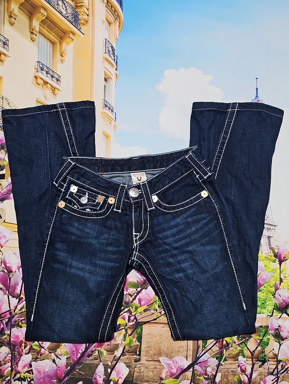 True Religion Dark Blue Bootcut Jeans Contrast Stitching Size 24